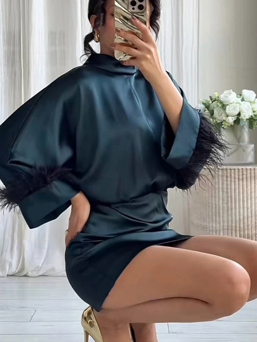 Zara Satin Mini Dress in Deep Teal with Feather Trim - Picture 7 of 12